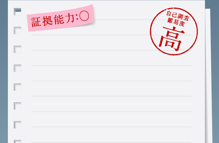 証拠能力：◯ 自己調査難易度 高