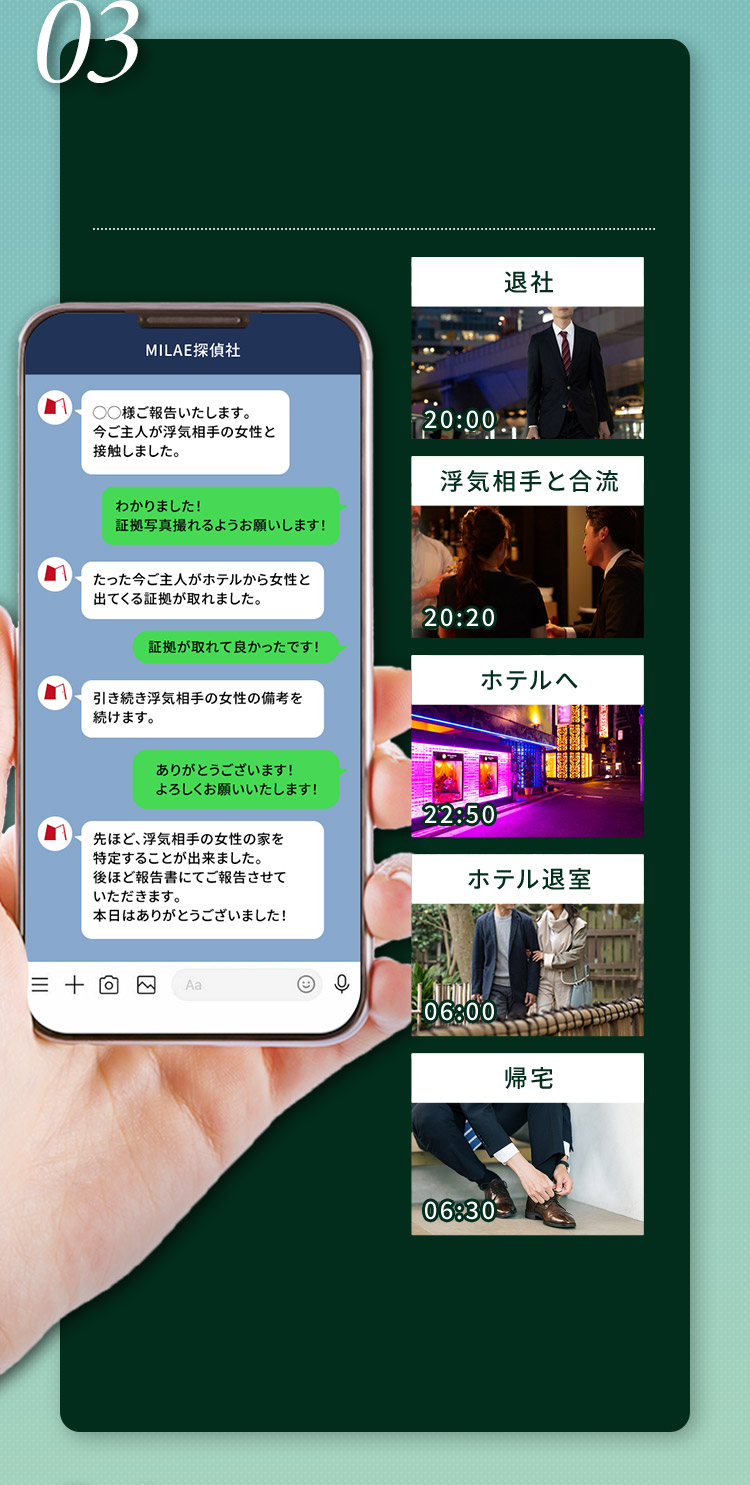 03 LINEのイメージ 20:00 退社 20:20 浮気相手と合流 22:50 ホテルへ 06:00 ホテル退室 06:30 帰宅